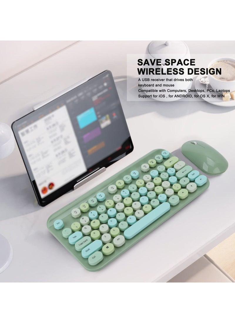 Wireless Keyboard and Mouse Combo, 75 Keys Retro Typewriter Flexible Keyboard with Round Keycaps, Mixed Color 2.4G USB Cute Keyboard Mouse Set for Laptop, PC(Green)