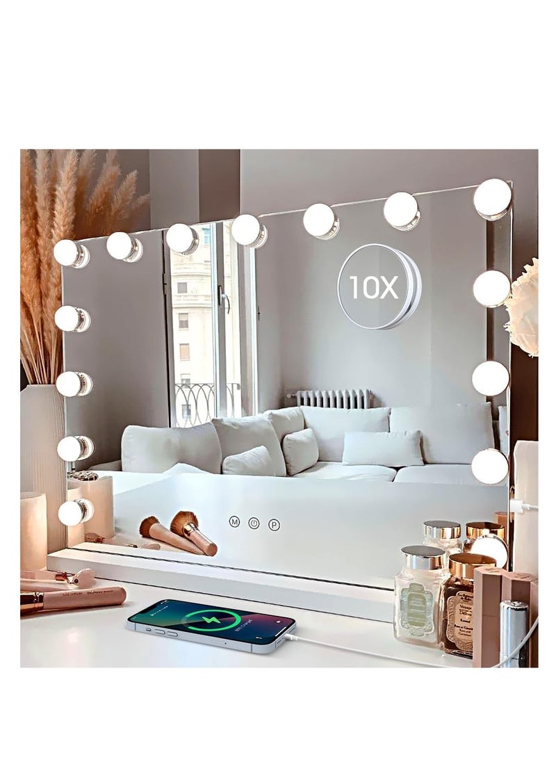 Hollywood Vanity Mirror with Lights, 15 Dimmable LED Bulbs 3 Color Lighted Makeup Mirror with Detachable 10X Magnification Mirror, Tabletop or Wall-Mounted, Touch Control