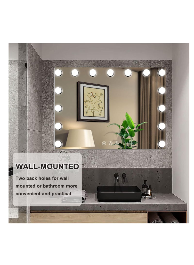 Hollywood Vanity Mirror with Lights, 15 Dimmable LED Bulbs 3 Color Lighted Makeup Mirror with Detachable 10X Magnification Mirror, Tabletop or Wall-Mounted, Touch Control