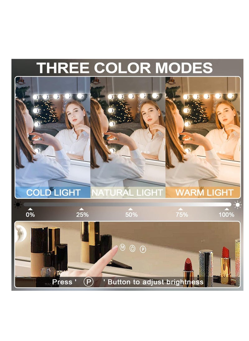 Hollywood Vanity Mirror with Lights, 15 Dimmable LED Bulbs 3 Color Lighted Makeup Mirror with Detachable 10X Magnification Mirror, Tabletop or Wall-Mounted, Touch Control