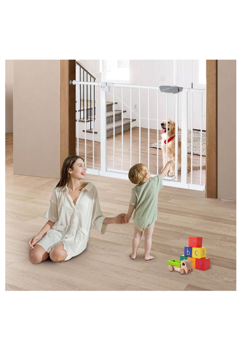 Auto Close Safety Baby Gate, Extra Wide Child Gate,Safety Door Fence,Safety Gate for Doors and Stairs, Stair Gate for Kids Toddlers, Doorway Stairway Guardrail, Kitchen Entrance Barrier for Pet Dog,Extendable With Separate Extensions Metal - White (Gate+10+20+30CM Extension)