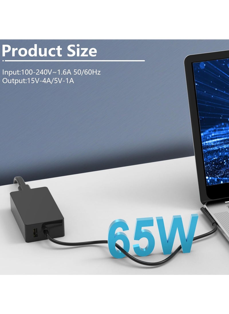 65W Surface Pro Laptop Charger 15V 4A Power Supply Compatible Microsoft Surface Pro9/8/7/6/5/4/3/X Surface Laptop1/2/3/4/5 Surface Go1/2/3 Surface Book 1/2/3