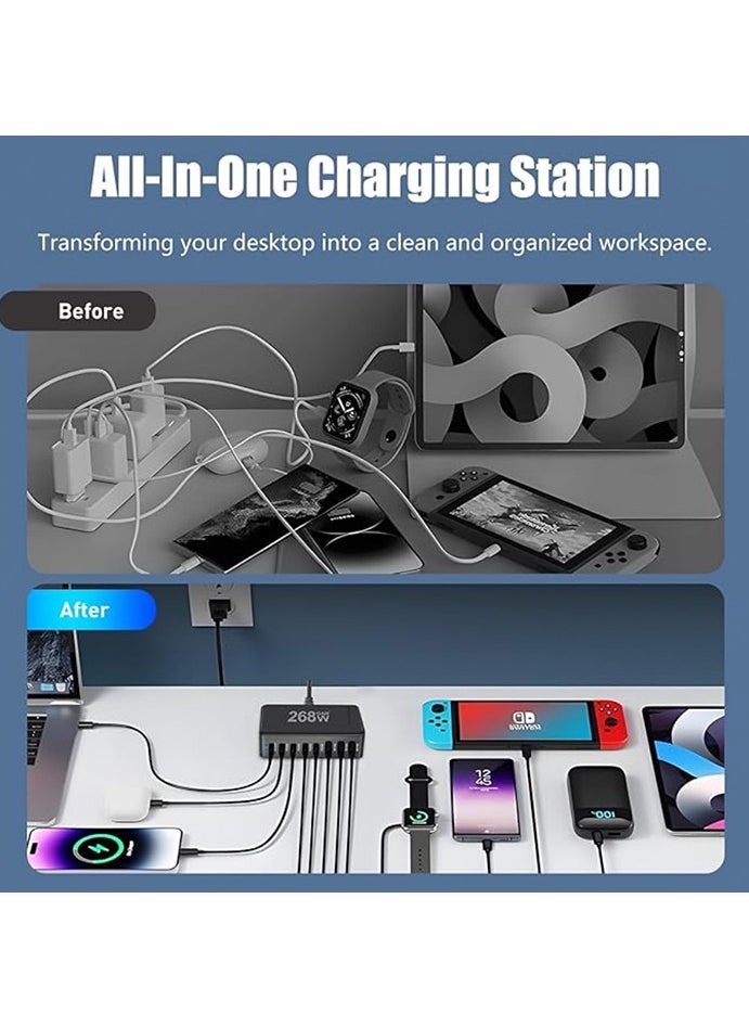 268W GaN USB C Charger - Fast 8 Port Type C Fast Charging Station Hub Block, Wall Charger Power Strip Adapter Plug Cube 5 PD USB C & 3 USB Ports (QC18W) - PD 100W Laptop Charger Adapter for MacBook Air, iPhone 16 15 14, iPad, Sumsung, Galaxy, & More  ﻿