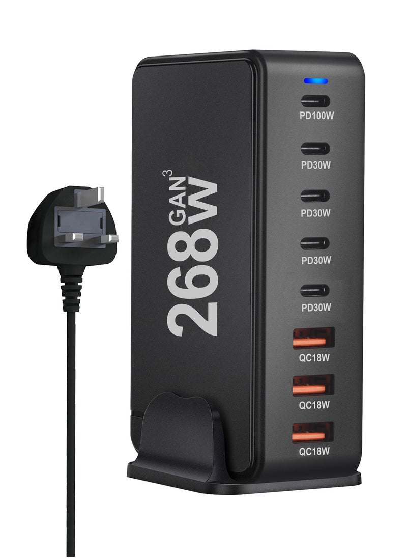268W GaN USB C Charger - Fast 8 Port Type C Fast Charging Station Hub Block, Wall Charger Power Strip Adapter Plug Cube 5 PD USB C & 3 USB Ports (QC18W) - PD 100W Laptop Charger Adapter for MacBook Air, iPhone 16 15 14, iPad, Sumsung, Galaxy, & More  ﻿