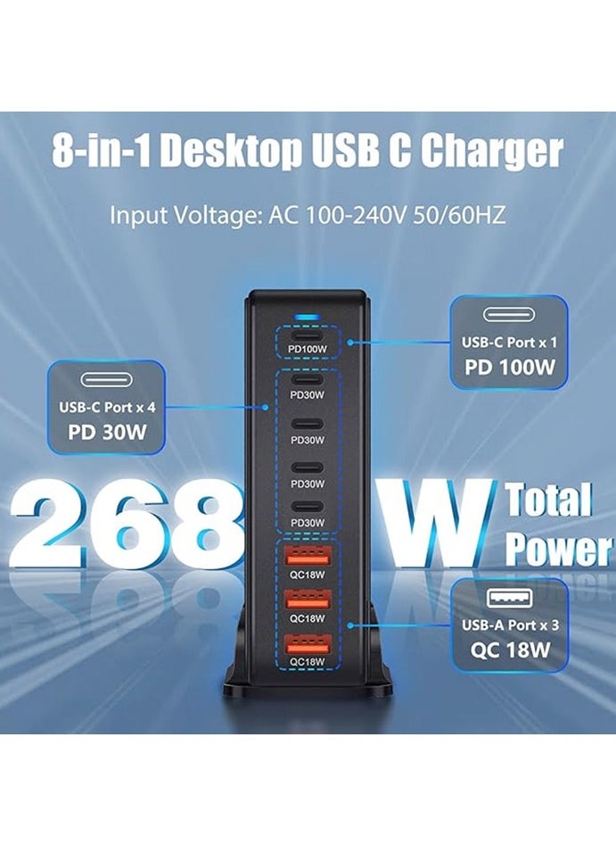 268W GaN USB C Charger - Fast 8 Port Type C Fast Charging Station Hub Block, Wall Charger Power Strip Adapter Plug Cube 5 PD USB C & 3 USB Ports (QC18W) - PD 100W Laptop Charger Adapter for MacBook Air, iPhone 16 15 14, iPad, Sumsung, Galaxy, & More  ﻿