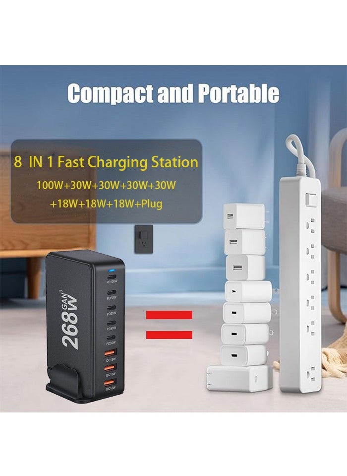 268W GaN USB C Charger - Fast 8 Port Type C Fast Charging Station Hub Block, Wall Charger Power Strip Adapter Plug Cube 5 PD USB C & 3 USB Ports (QC18W) - PD 100W Laptop Charger Adapter for MacBook Air, iPhone 16 15 14, iPad, Sumsung, Galaxy, & More  ﻿