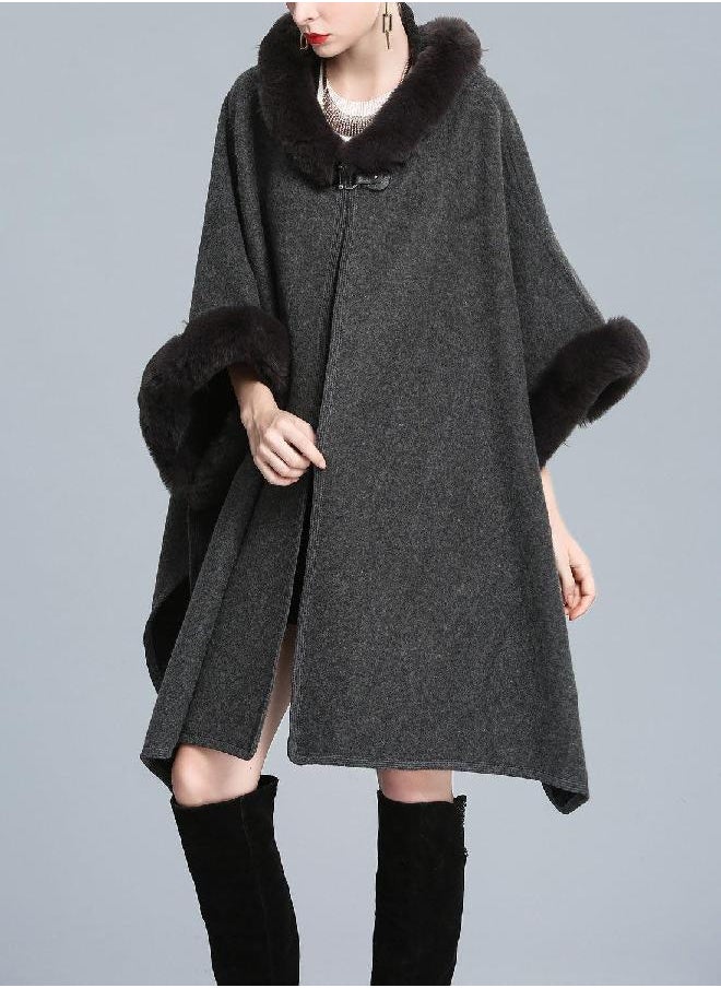 Women's Batwing Faux Fur Hooded Cloak Poncho Cape (One Size, Gray)