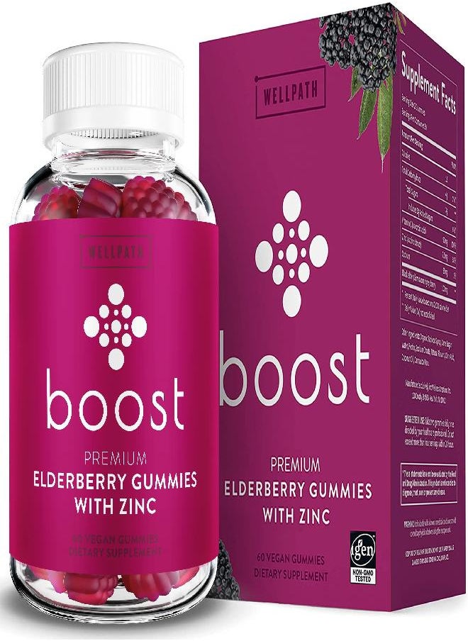 Boost Elderberry Gummies with Zinc & Vitamin C - Immune Support Gummies for Adults | Sambucus Black Elderberry Gummy Vitamins for Kids | Immunity Booster + Zinc Supplement | Non-GMO & Vegan, 60 Ct