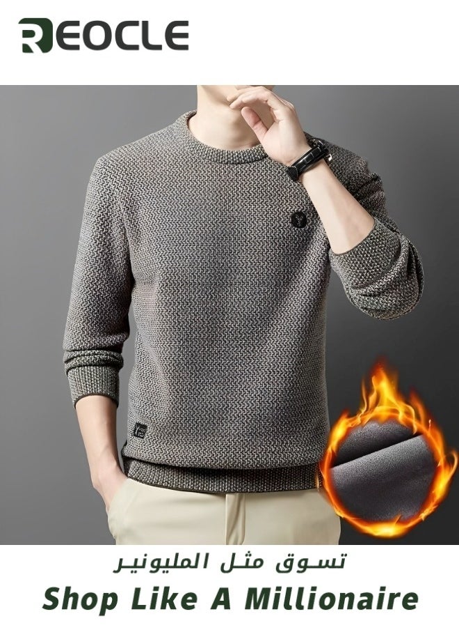 Men's Fleece Thick Knitted Shirt Winter Long Sleeve Crewneck Sweatshirt Thermal Top Anti-Static Workout Base Layer