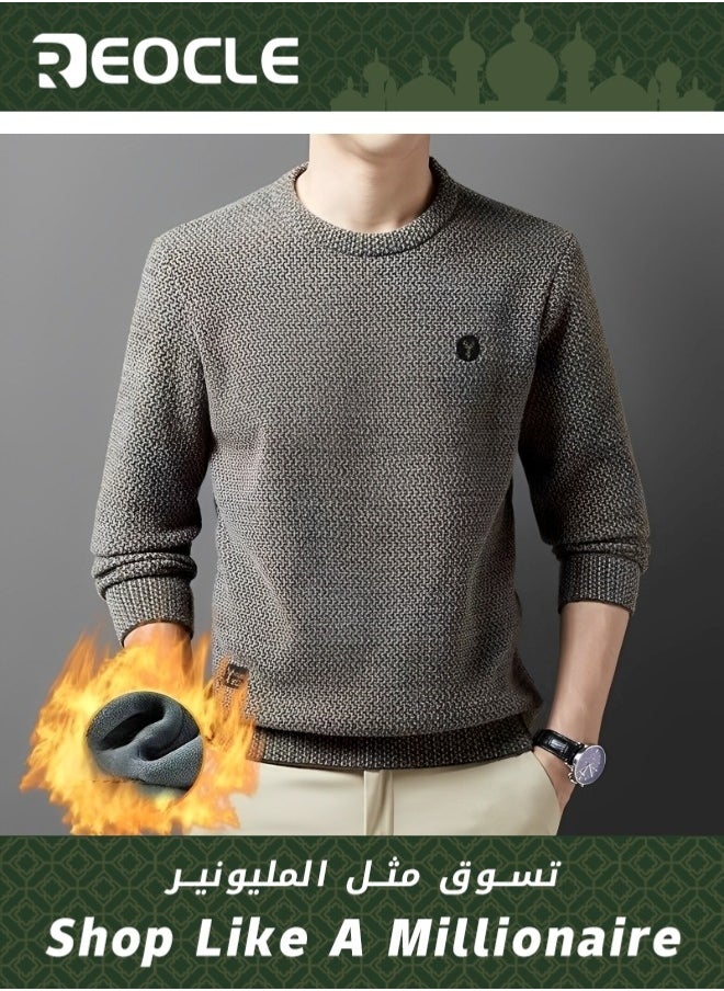 Men's Fleece Thick Knitted Shirt Winter Long Sleeve Crewneck Sweatshirt Thermal Top Anti-Static Workout Base Layer