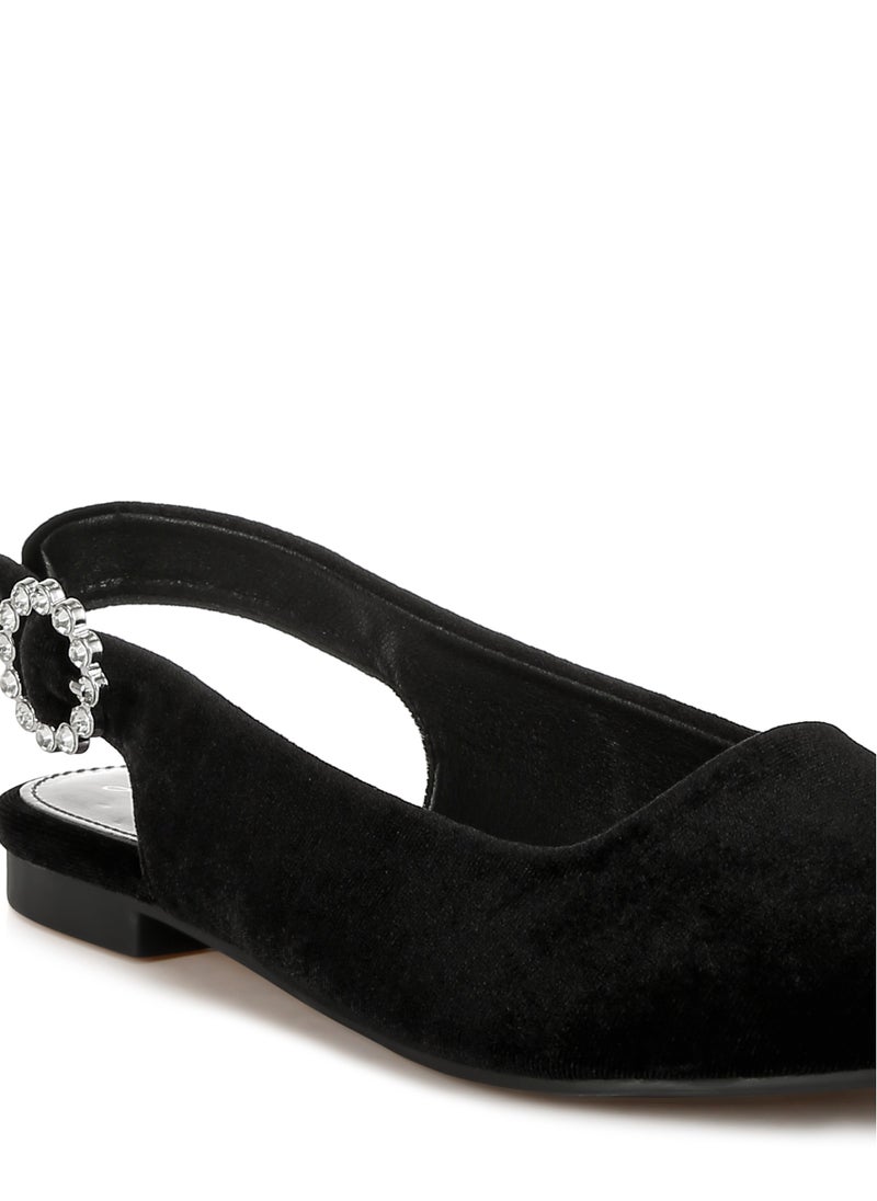 Velvet Slingback Flat Sandals in Black