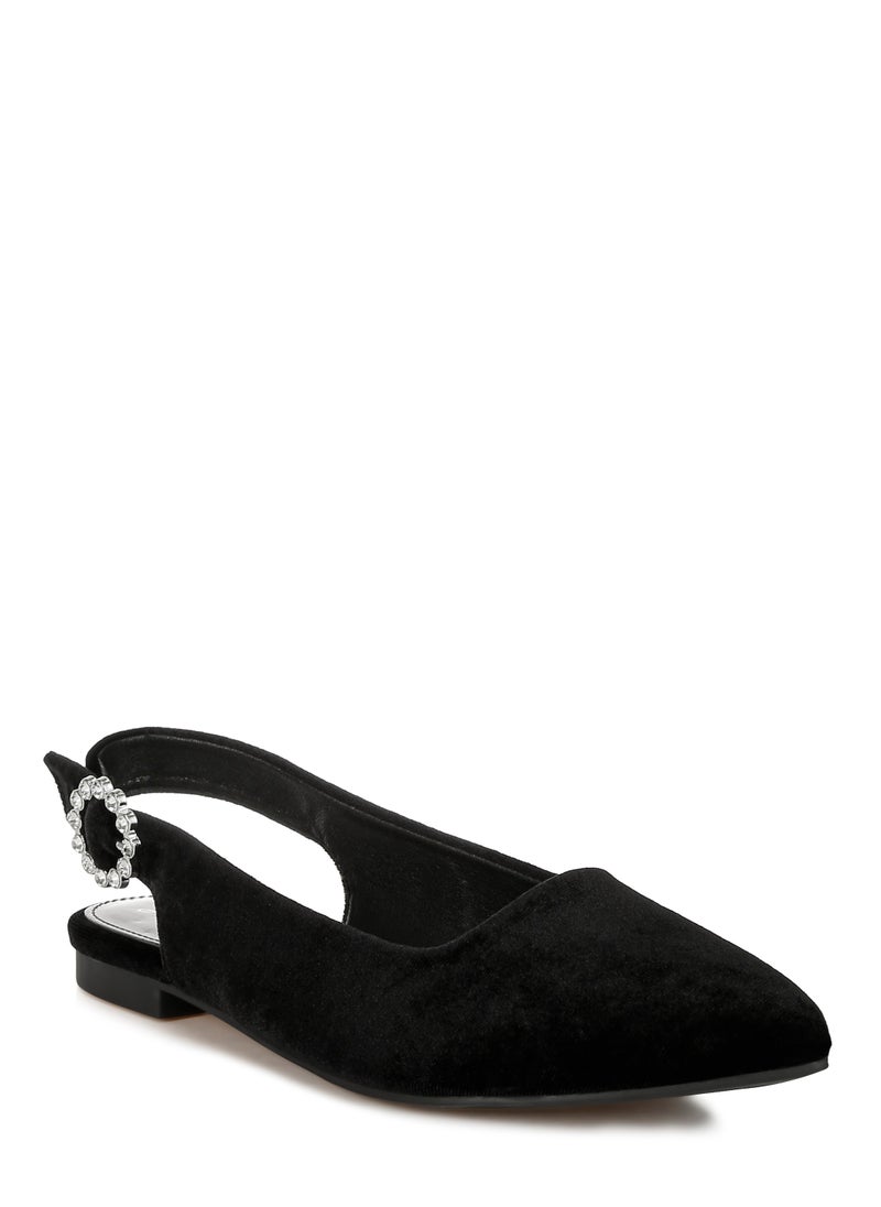 Velvet Slingback Flat Sandals in Black