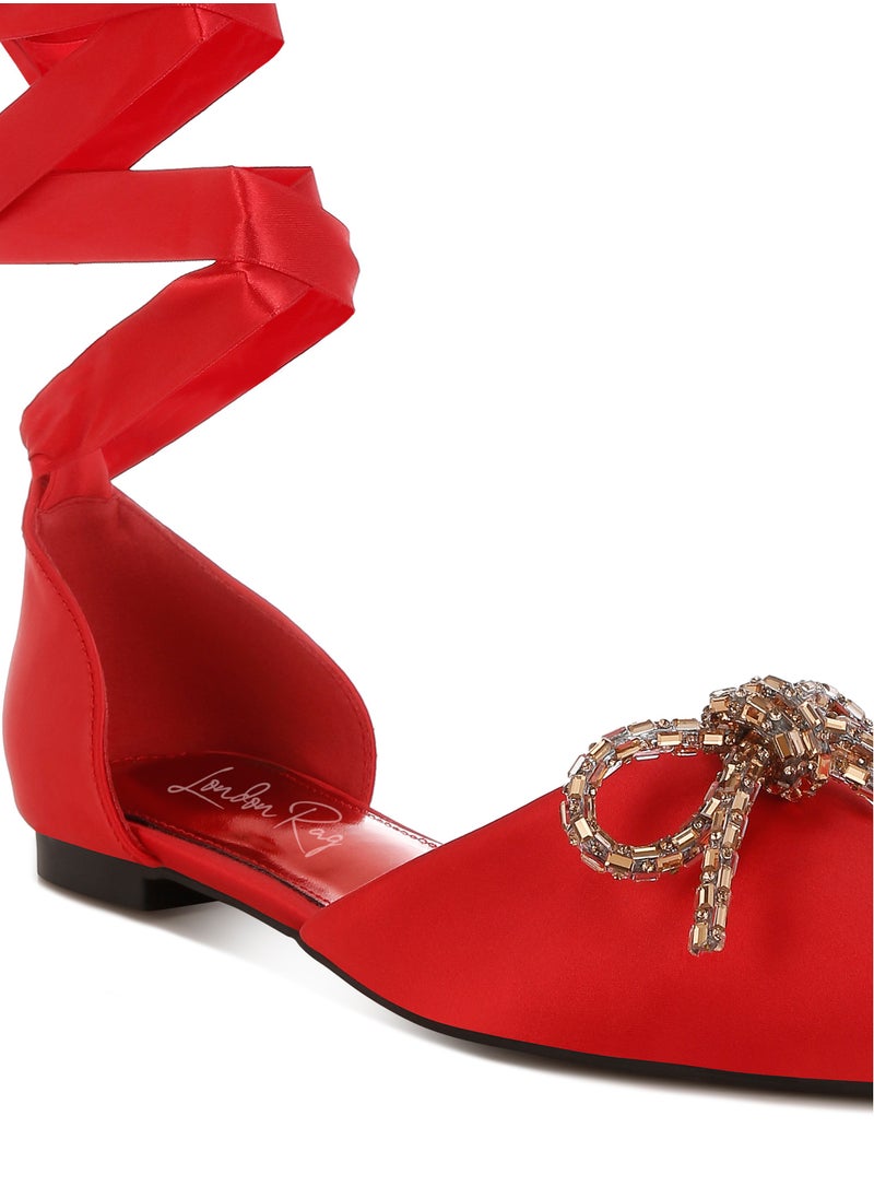 Rhinestone Detail Bow Flat Sandals in Red