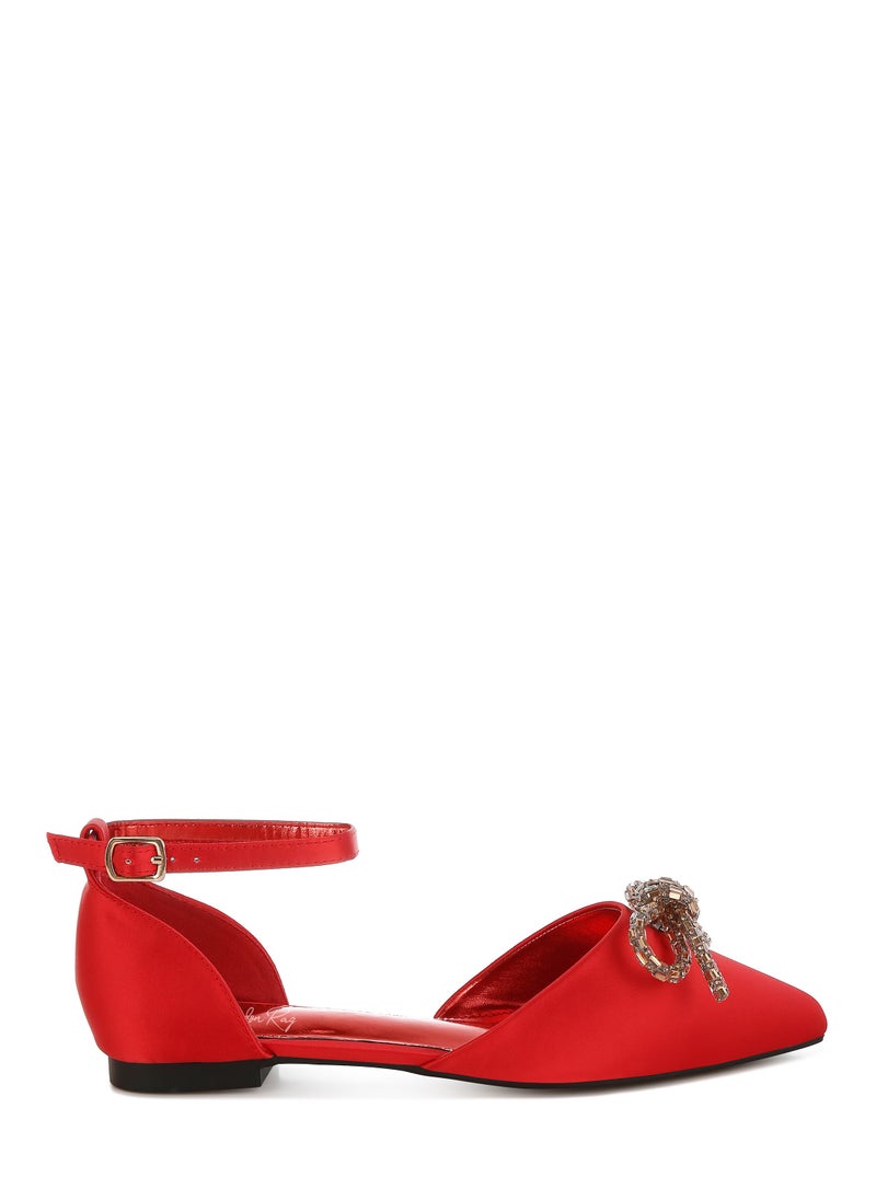 Rhinestone Detail Bow Flat Sandals in Red