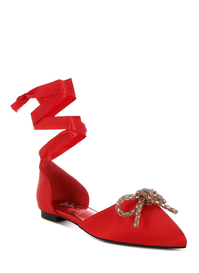 Rhinestone Detail Bow Flat Sandals in Red