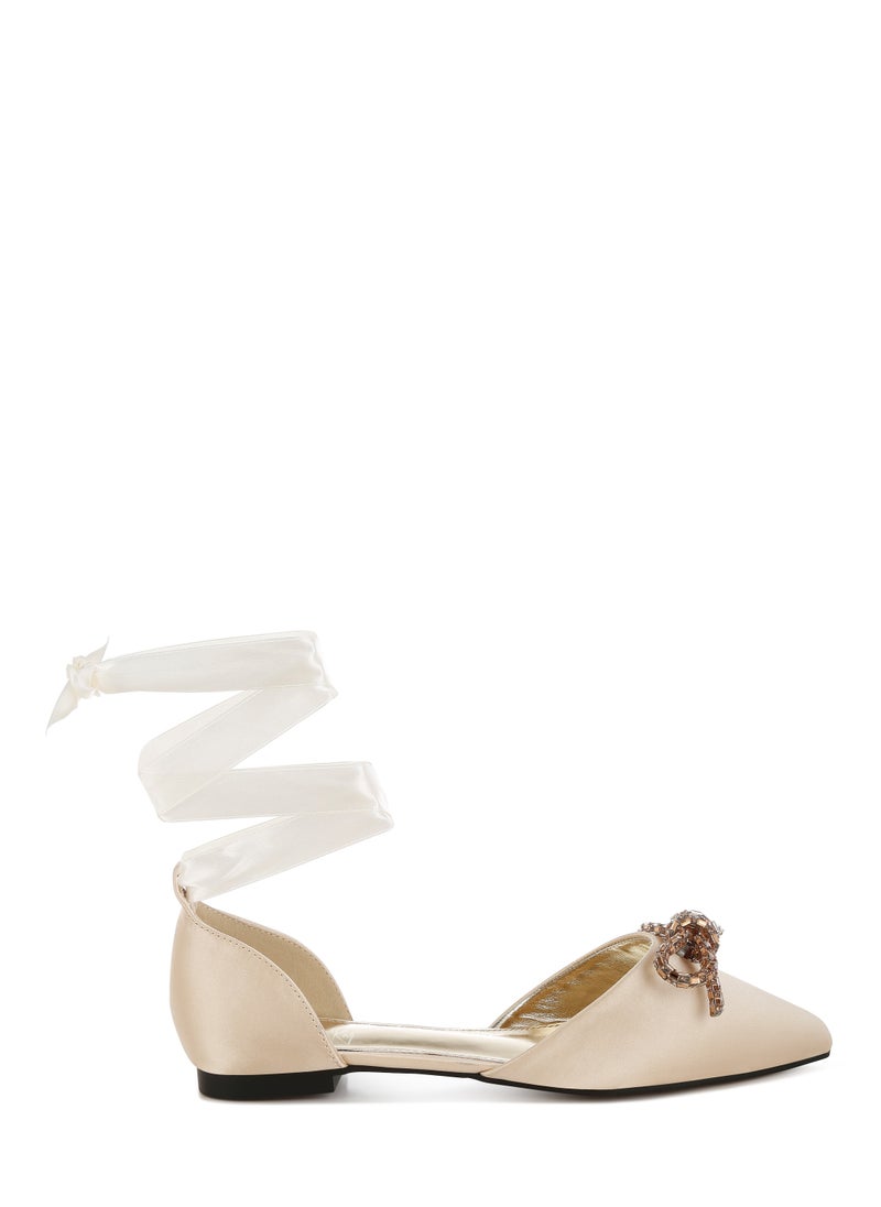 Rhinestone Detail Bow Flat Sandals in Gold