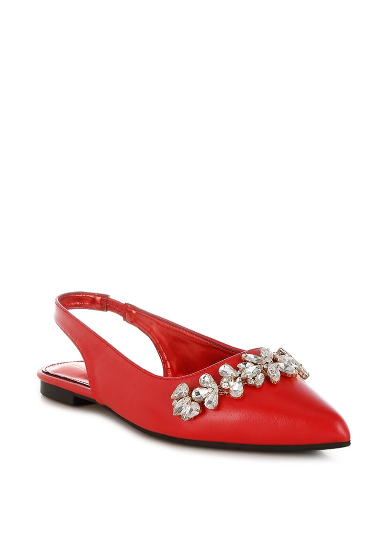 Diamante Embellished Flat Sandals in Red