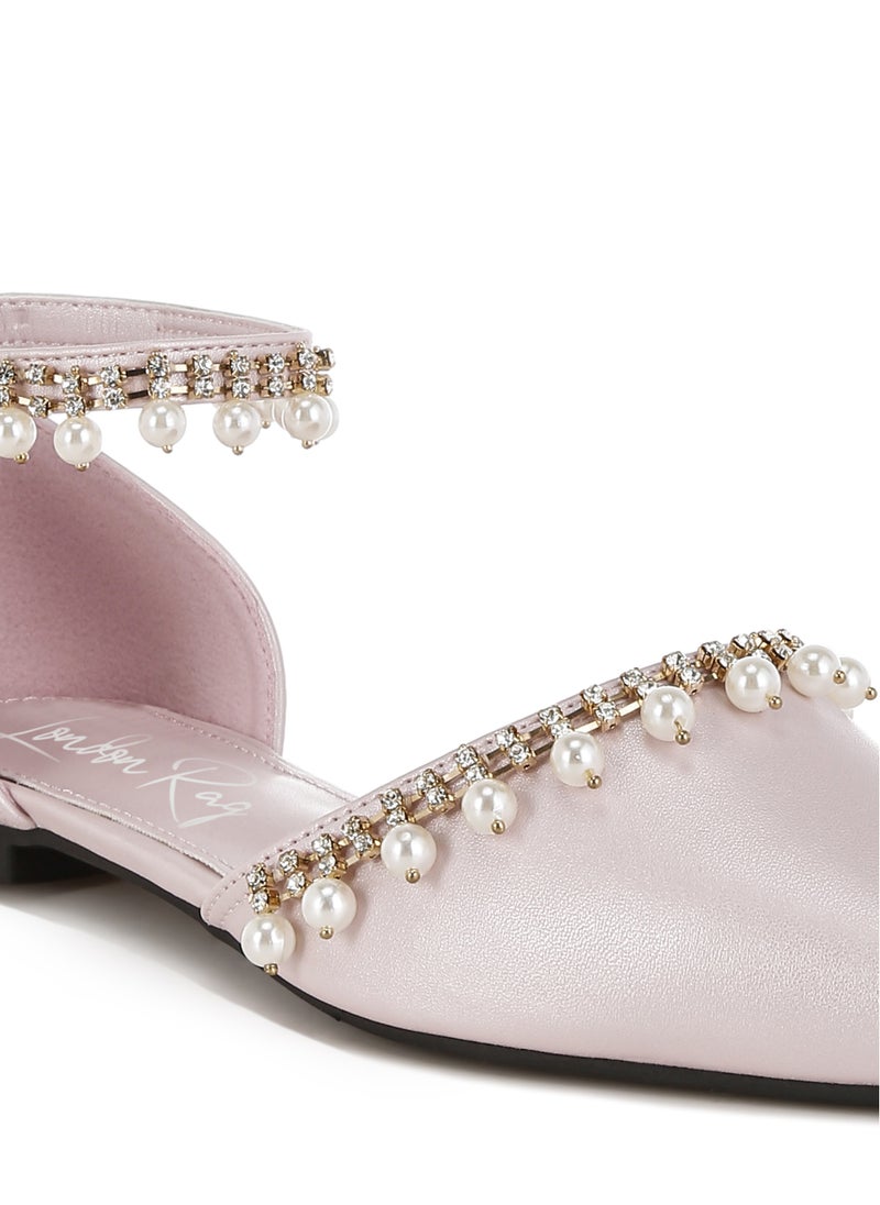 Rhinestone & Pearl Ankle Strap Flat Sandals in Blush