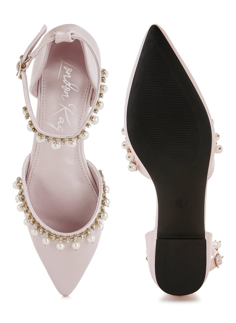 Rhinestone & Pearl Ankle Strap Flat Sandals in Blush