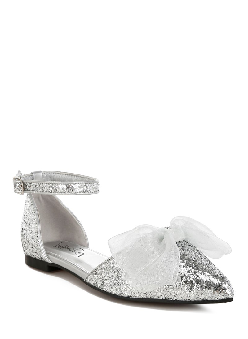 Sheer Bow Detail Glitter Flat Sandals in Silver