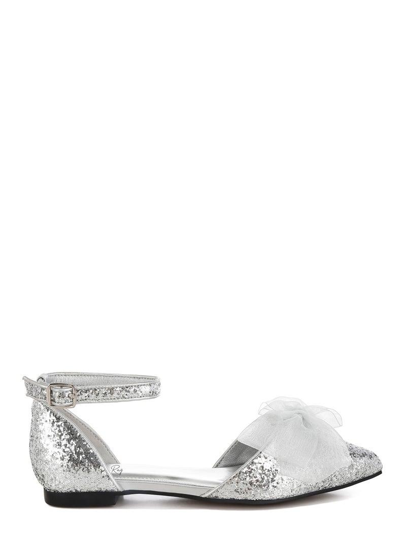 Sheer Bow Detail Glitter Flat Sandals in Silver