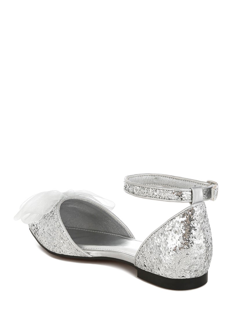 Sheer Bow Detail Glitter Flat Sandals in Silver