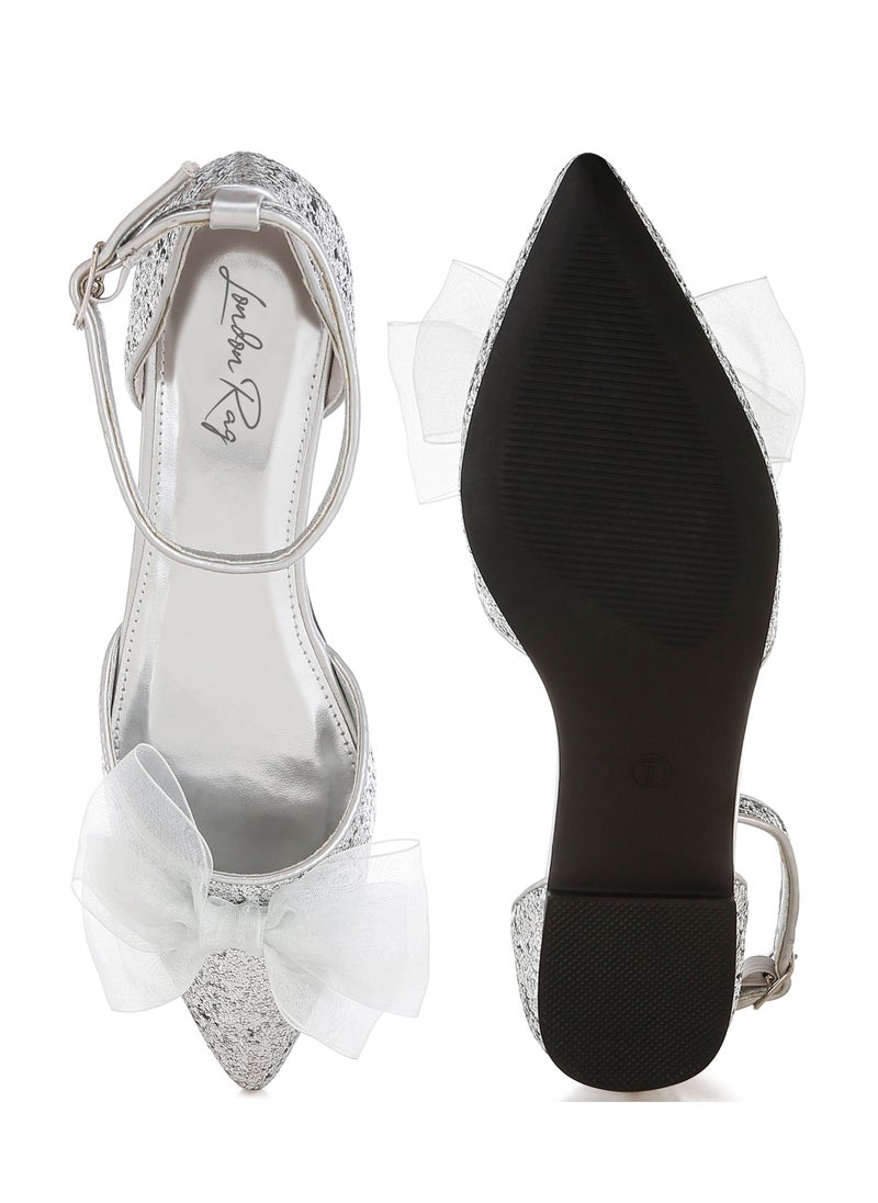 Sheer Bow Detail Glitter Flat Sandals in Silver