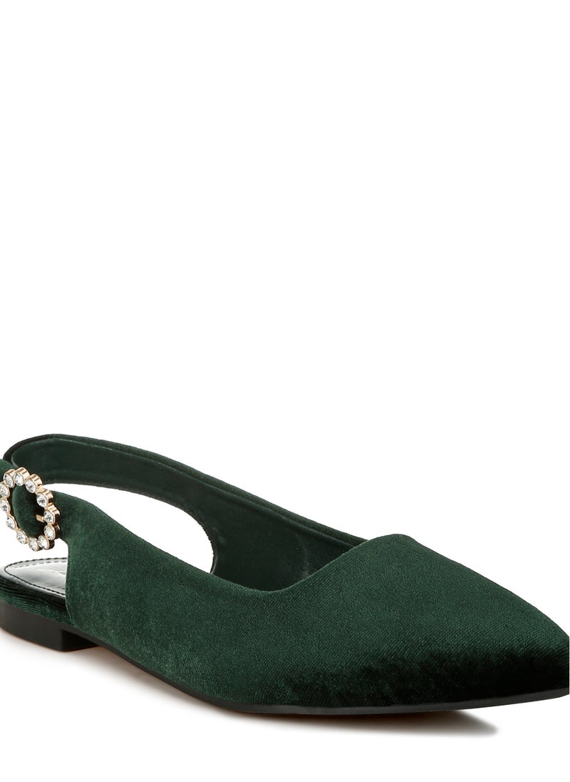 Velvet Slingback Flat Sandals in Green