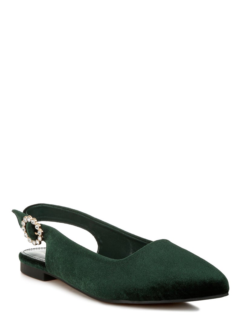 Velvet Slingback Flat Sandals in Green