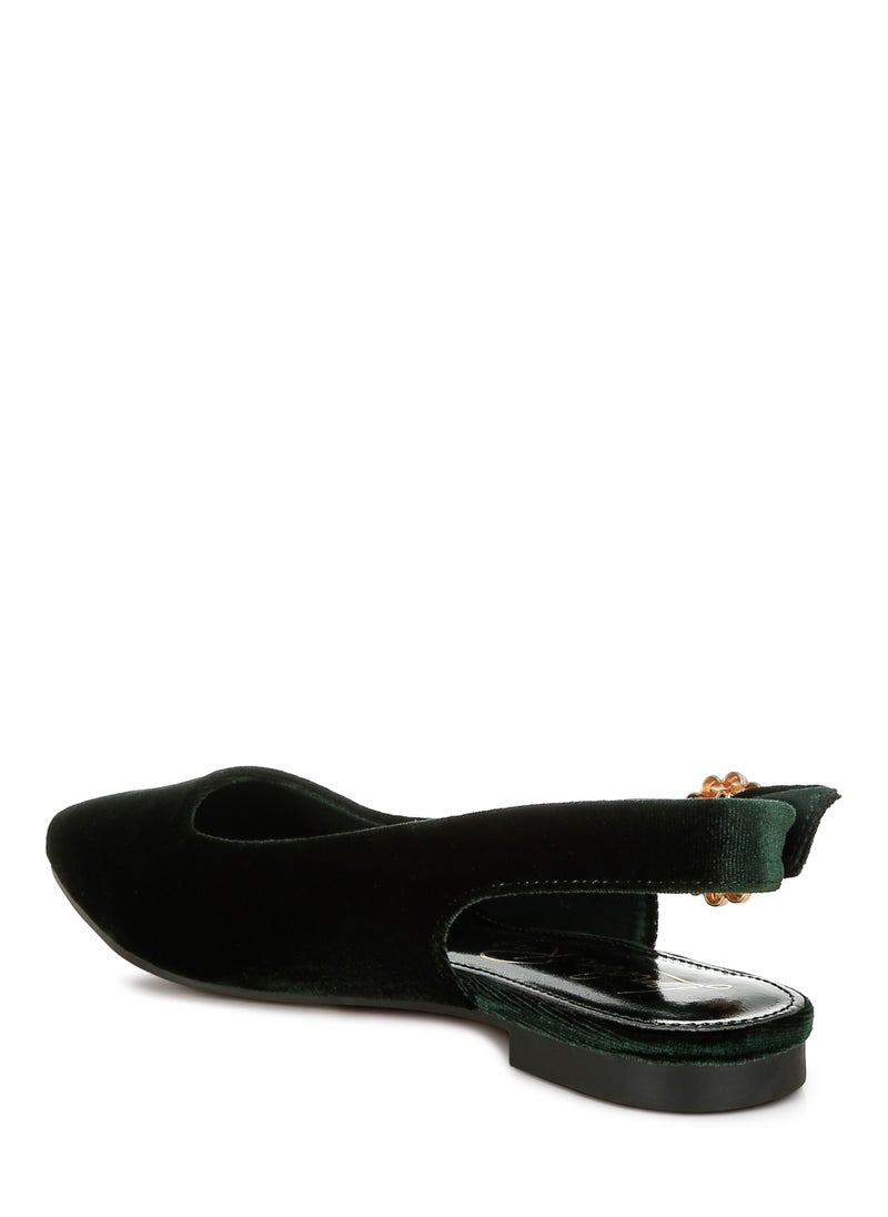 Velvet Slingback Flat Sandals in Green