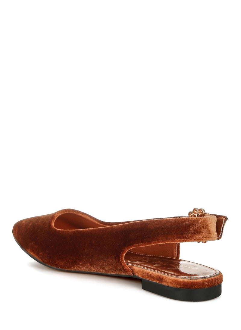 Velvet Slingback Flat Sandals in Brown