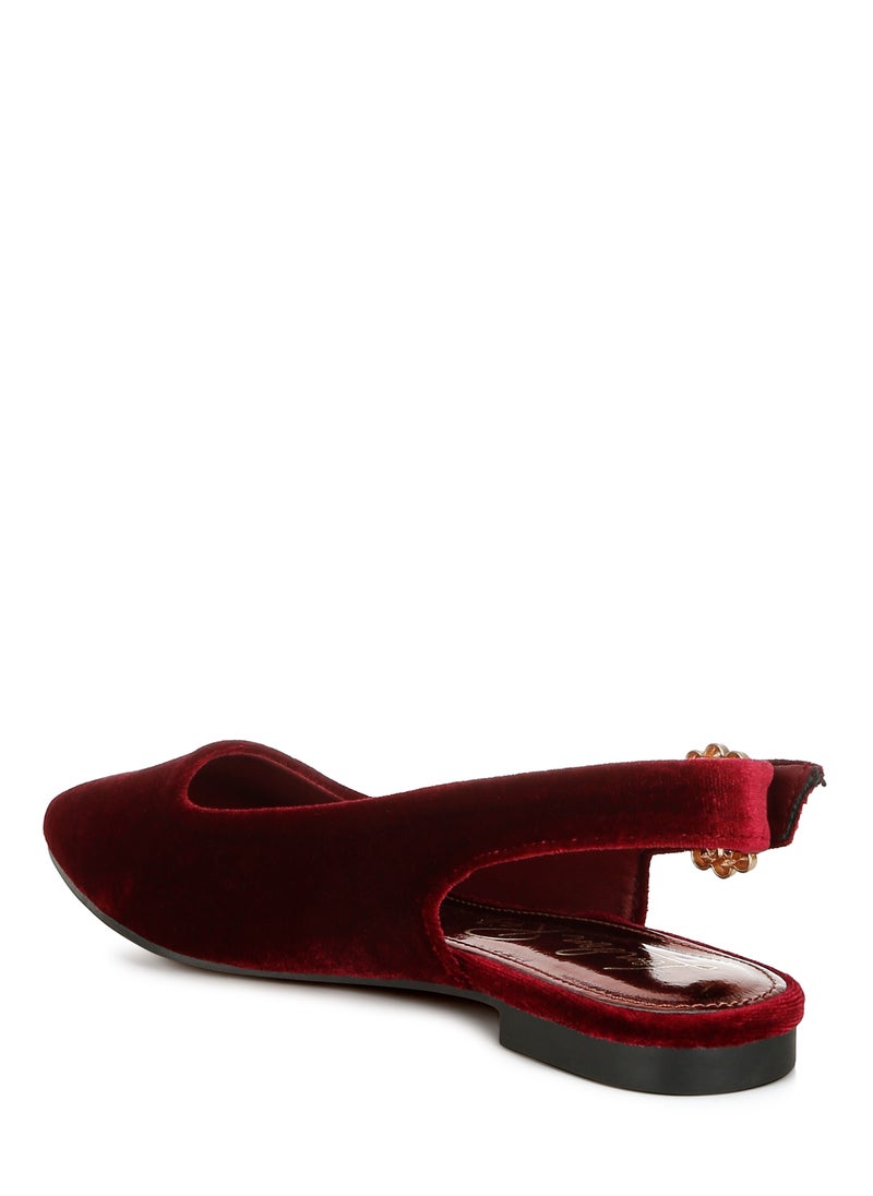 Velvet Slingback Flat Sandals in Dark Red