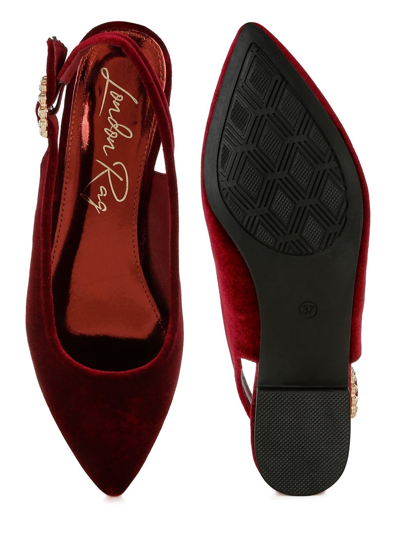 Velvet Slingback Flat Sandals in Dark Red