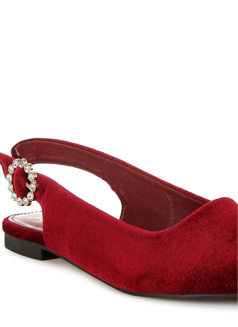 Velvet Slingback Flat Sandals in Dark Red