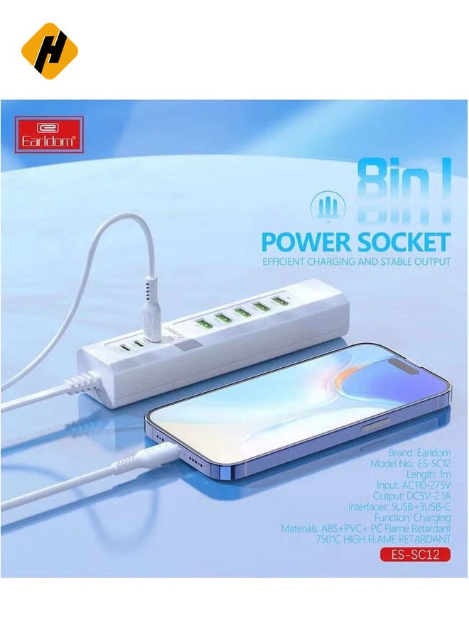 8-in-1 Power Socket with 5 USB Ports & 3 Type-C Ports - SC12