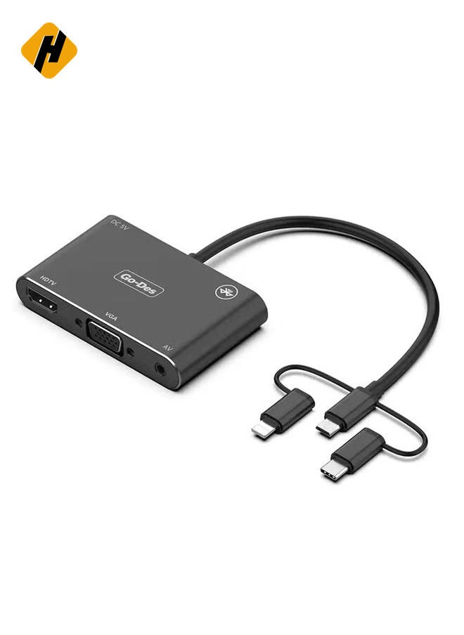 Go-Does 5-in-1 HD Multi-Adapter GD-8762 – Connect USB-C, Lightning, Micro USB to HDMI, VGA, and AV