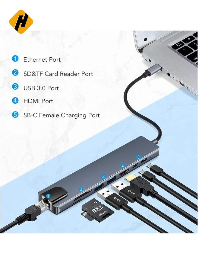 USB-C 8-in-1 Multiport Hub Adapter – 4K HDMI, Gigabit Ethernet, and PD Charging for Enhanced Connectivity