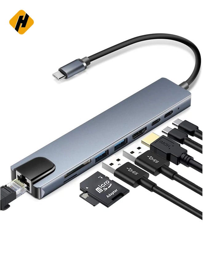 USB-C 8-in-1 Multiport Hub Adapter – 4K HDMI, Gigabit Ethernet, and PD Charging for Enhanced Connectivity