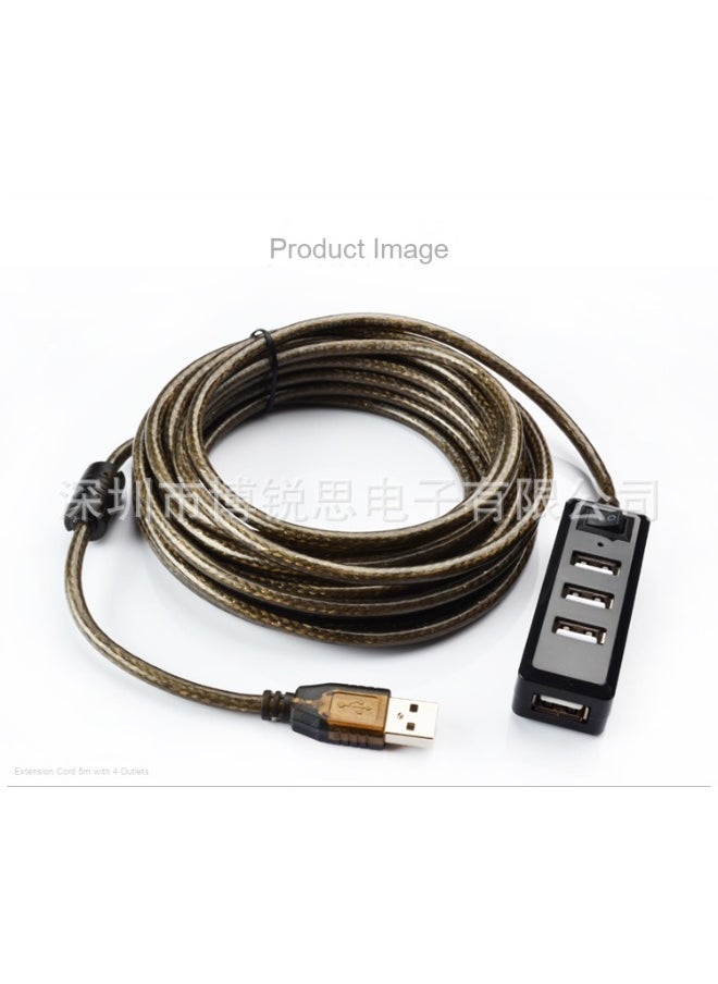 USB 2.0 Extension Cable 5M, 1 to 4 Splitter - Efficient and Convenient Power Solution in Transparent Brown