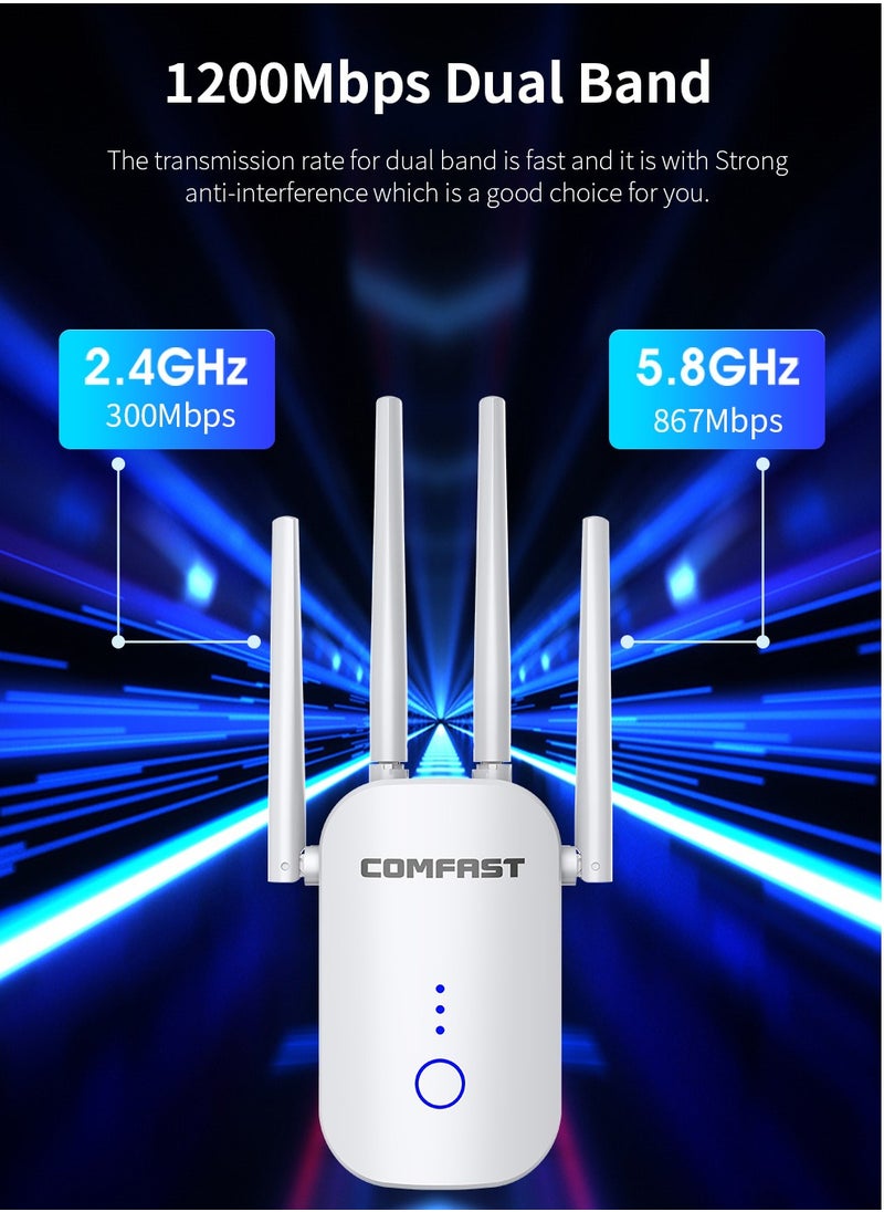 Wi-Fi Range Extender 1200Mbps 2.4GHz and 5GHz Works with any Wi-Fi Router Extend WiFi Range Further White WIFI5