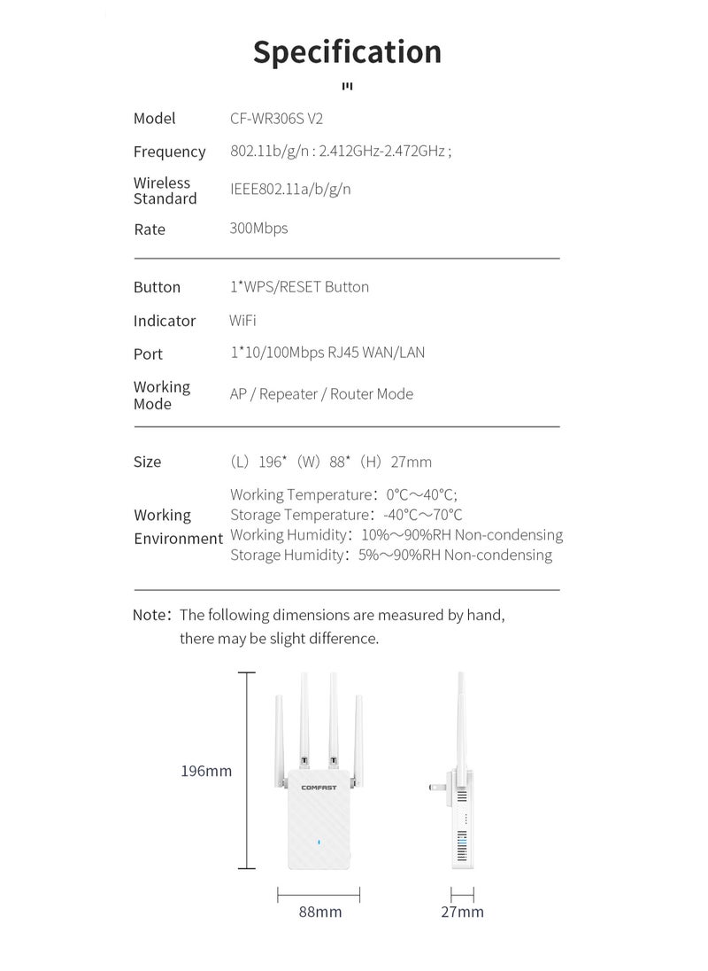 Wi-Fi Range Extender 300Mbps Works with any Wi-Fi Router Extend WiFi Range Further White WIFI4