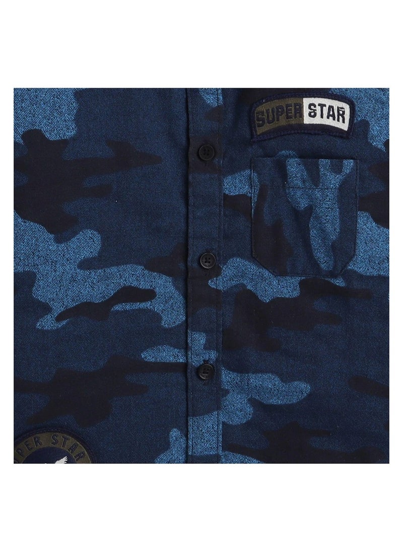 Polka Tots Full Sleeves Shirt Military Print Camouflage Patch - Blue