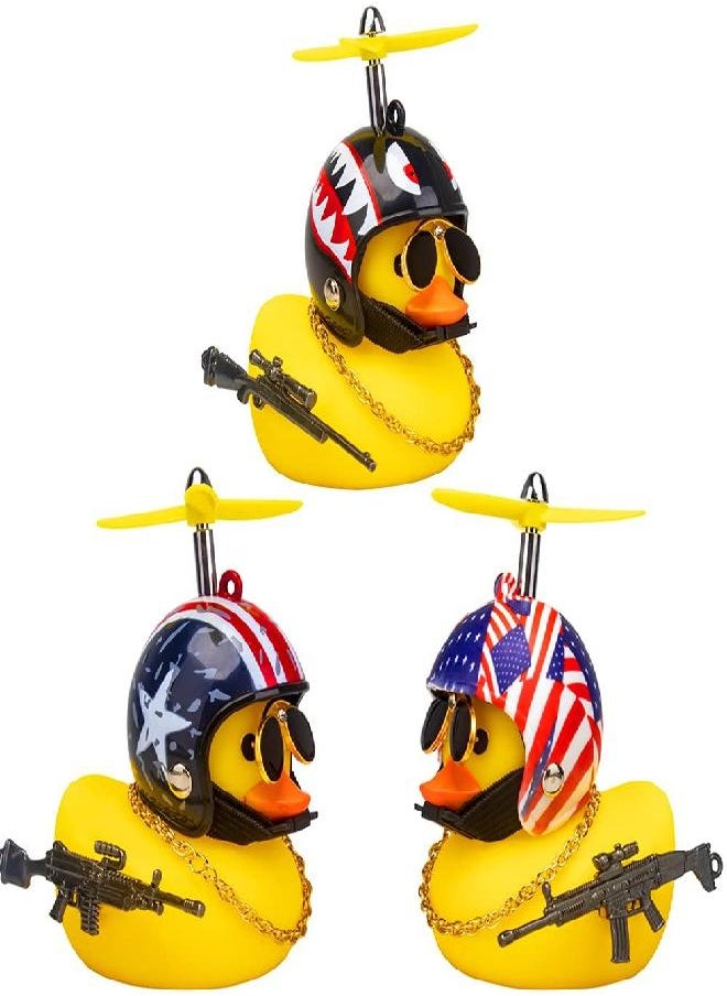 wonuu 3 Pack Car Rubber Duck Cute Yellow Wind-Breaking Ducks Dashboard Decorations Toy Small Ornaments with Propellers Glasses Gold Chain (Yellow-Stars and Stripes&Flag&Shark)