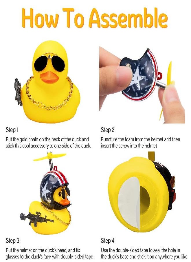 wonuu 3 Pack Car Rubber Duck Cute Yellow Wind-Breaking Ducks Dashboard Decorations Toy Small Ornaments with Propellers Glasses Gold Chain (Yellow-Stars and Stripes&Flag&Shark)