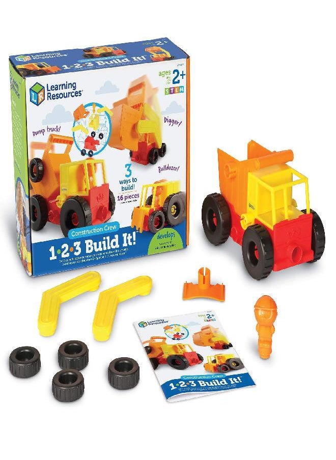 Learning Resources 1-2-3 Build It! Construction Crew Toy, Bulldozer, Digger, Dump Truck, STEM, Imaginative Play, 16 Pieces, Ages 2+