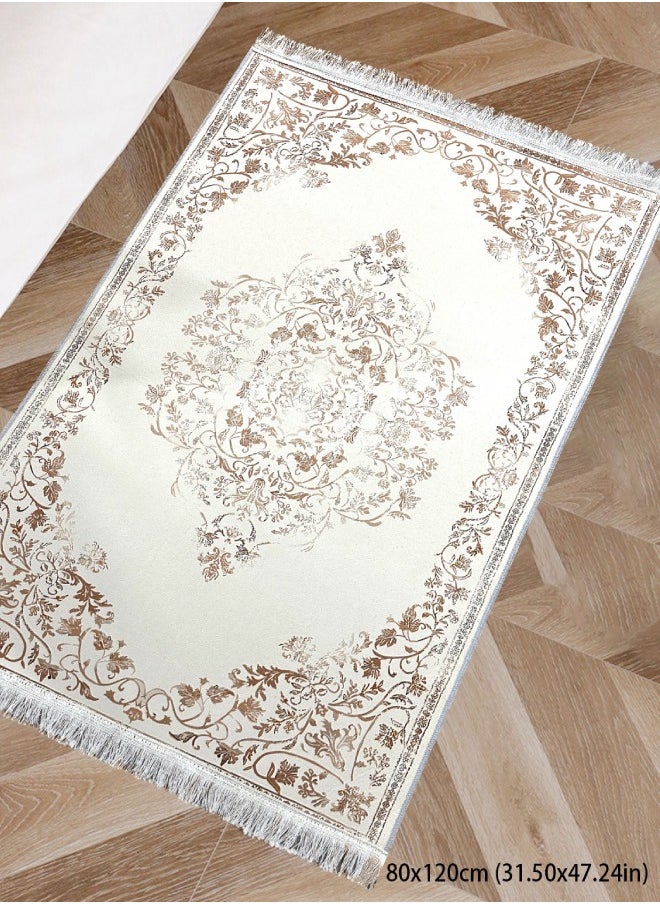 Muslim tassel worship carpet, soft and thick, crystal velvet, easy to clean, suitable for any occasion, white with pattern, 80*120cm