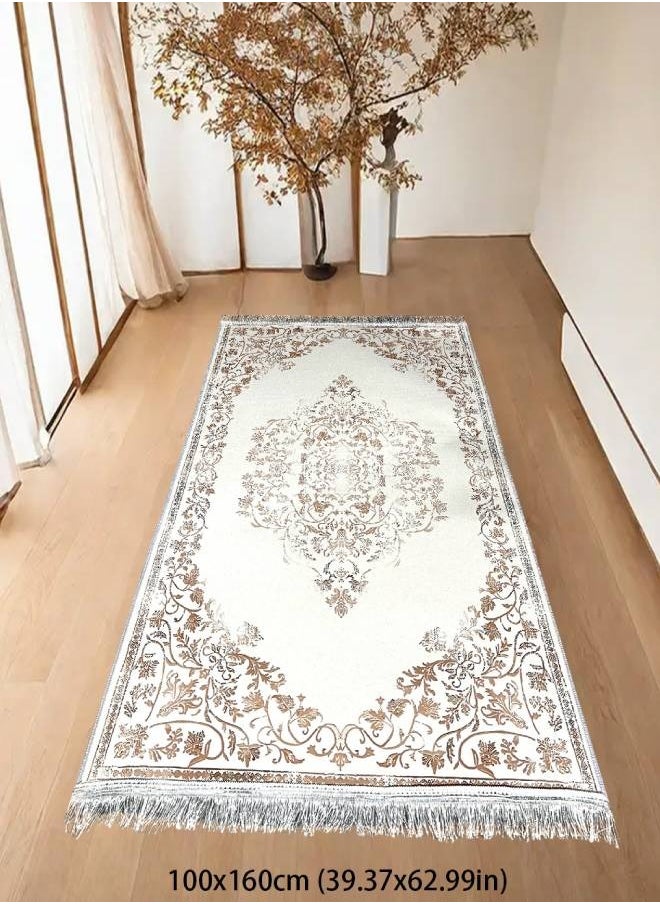 Muslim tassel worship carpet, soft and thick, crystal velvet, easy to clean, suitable for any occasion, white with pattern, 100*160cm