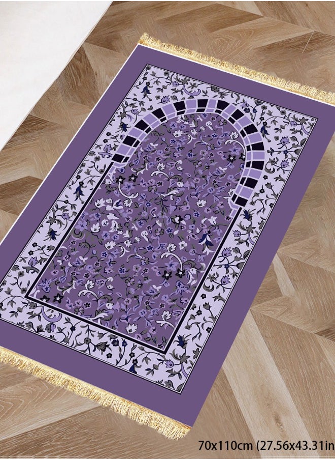 Muslim tassel worship carpet, soft and thick, crystal velvet, easy to clean, suitable for any occasion, Purple with pattern, 90*140cm