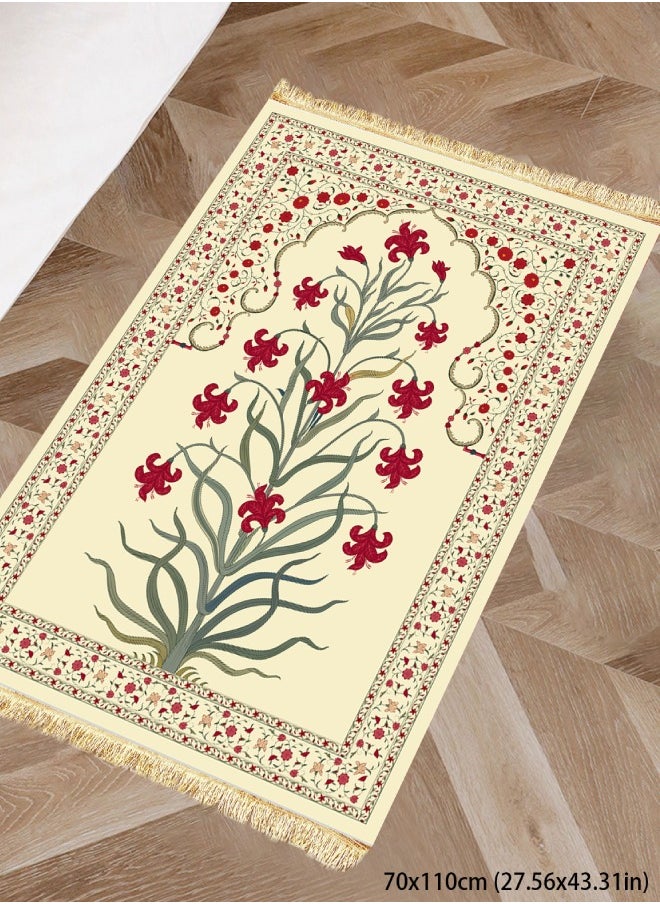 Muslim tassel worship carpet, soft and thick, crystal velvet, easy to clean, suitable for any occasion, flower with pattern, 70*110cm