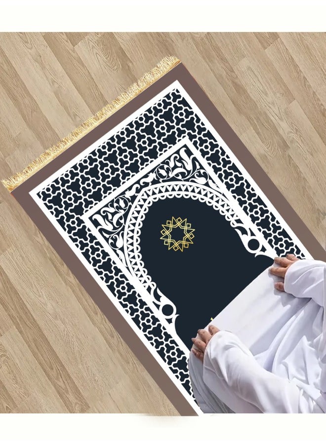 Muslim tassel worship carpet, soft and thick, crystal velvet, easy to clean, suitable for any occasion, Black and white pattern, 70*110cm